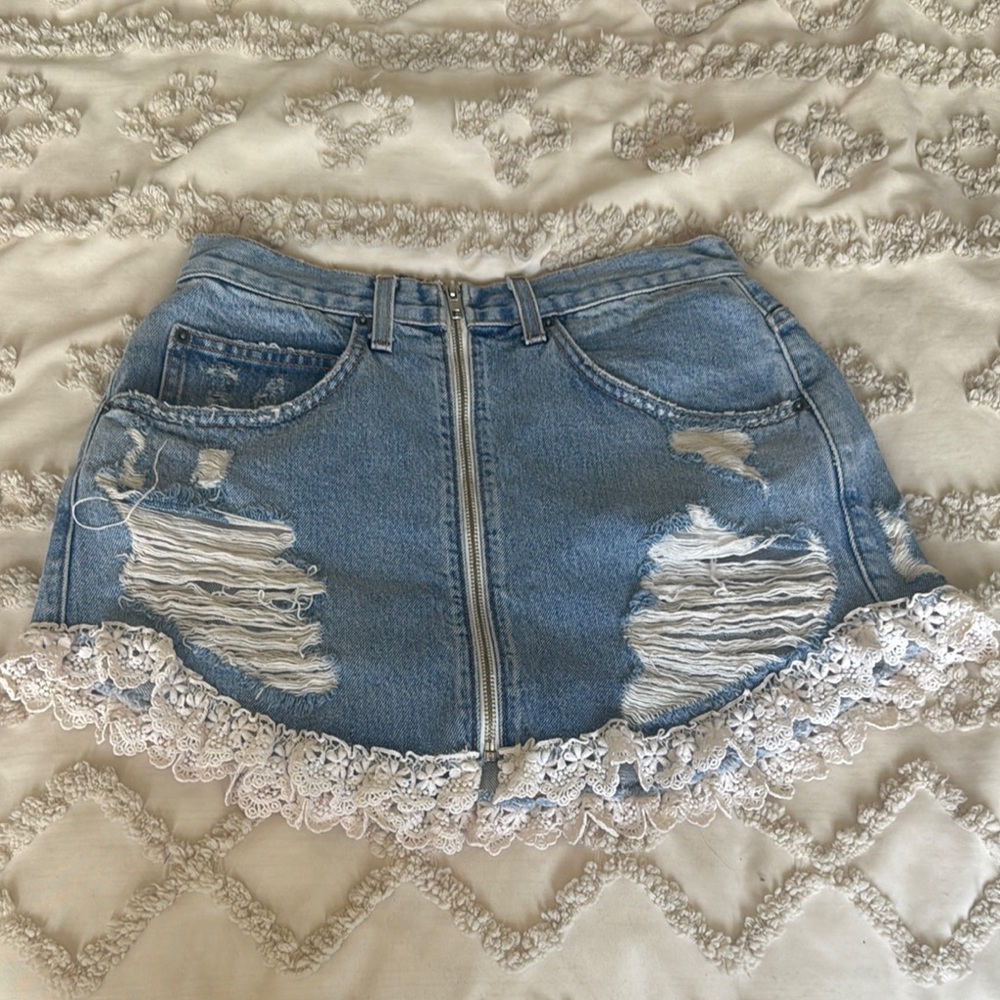 LF Carmar Denim Mini Skirt with Lace Trim